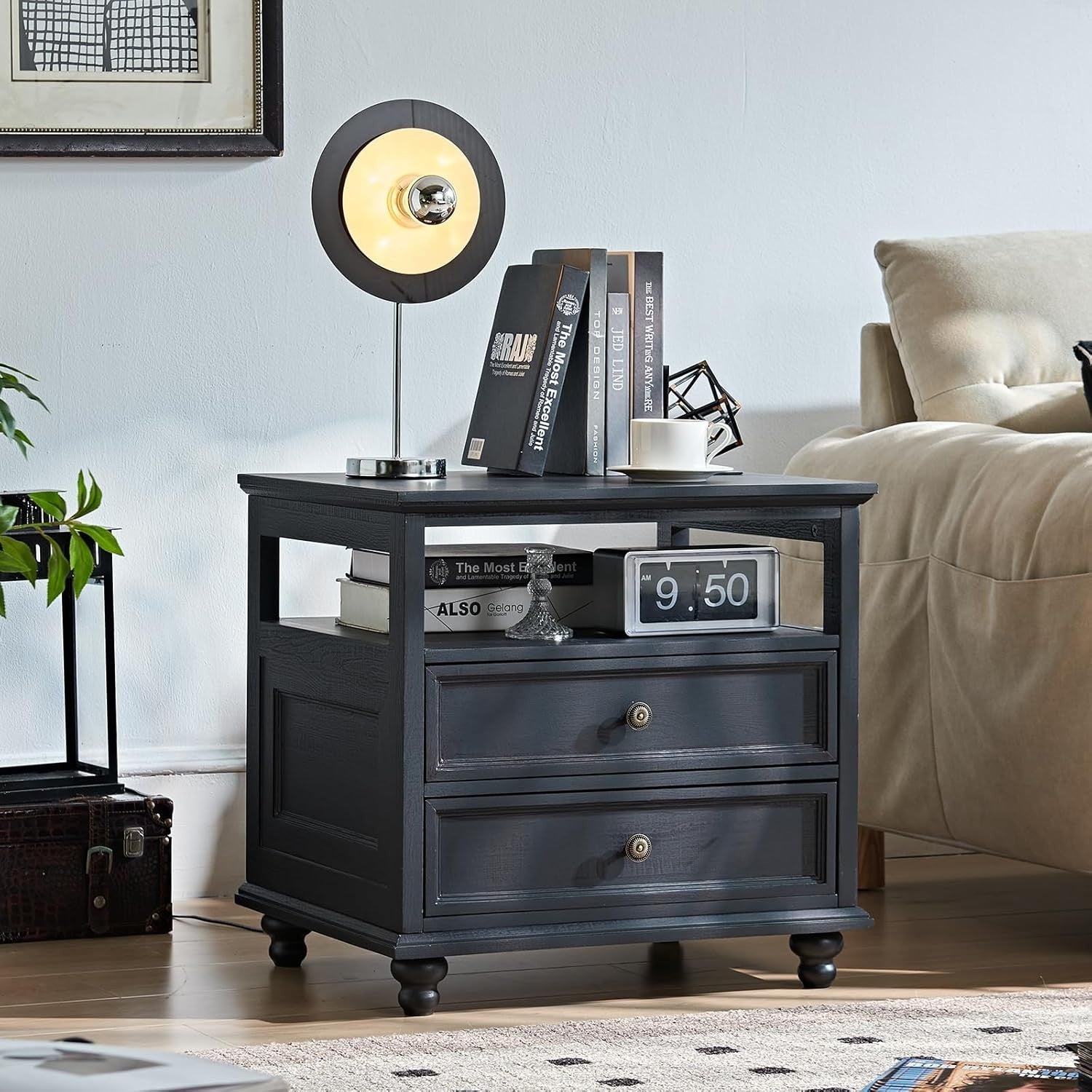 Modern Black Wooden Bedside Table with Drawers & Open Shelf