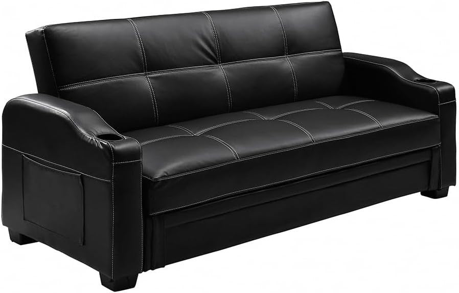Black Faux Leather Sofa Bed 3 Seater With Storage Cupholders Modern