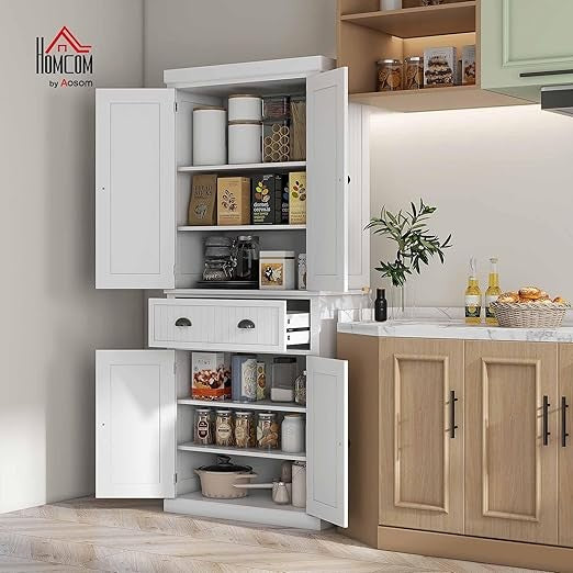 Tall White Kitchen Pantry Cupboard 4 Door Freestanding Cabinet with Drawer