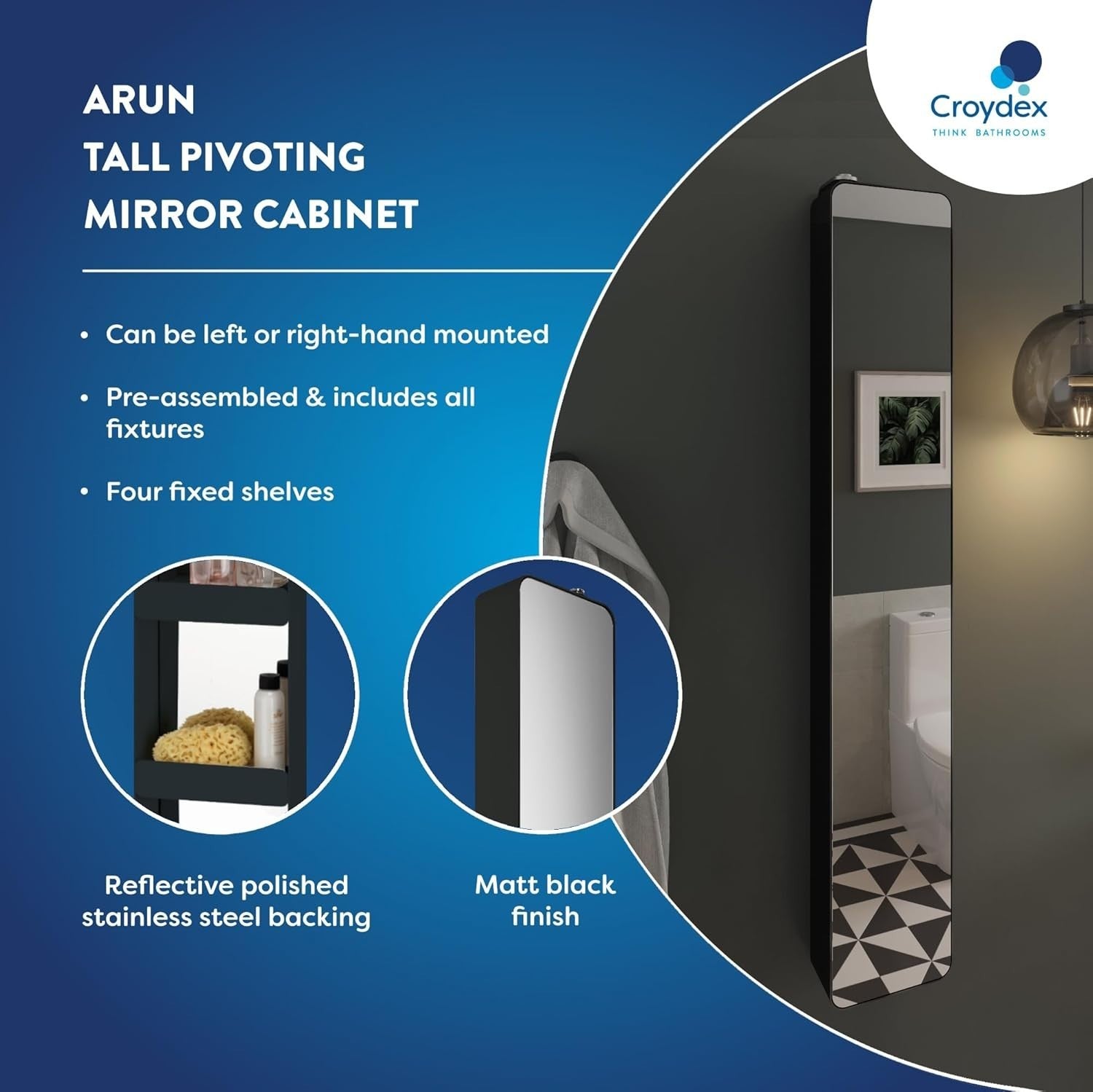 Tall Bathroom Mirror Cabinet Lockable 4 Shelves Matt Black Storage