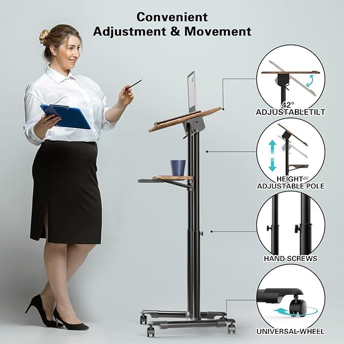 Height Adjustable Mobile Laptop Podium Desk with Wheels Storage Tray