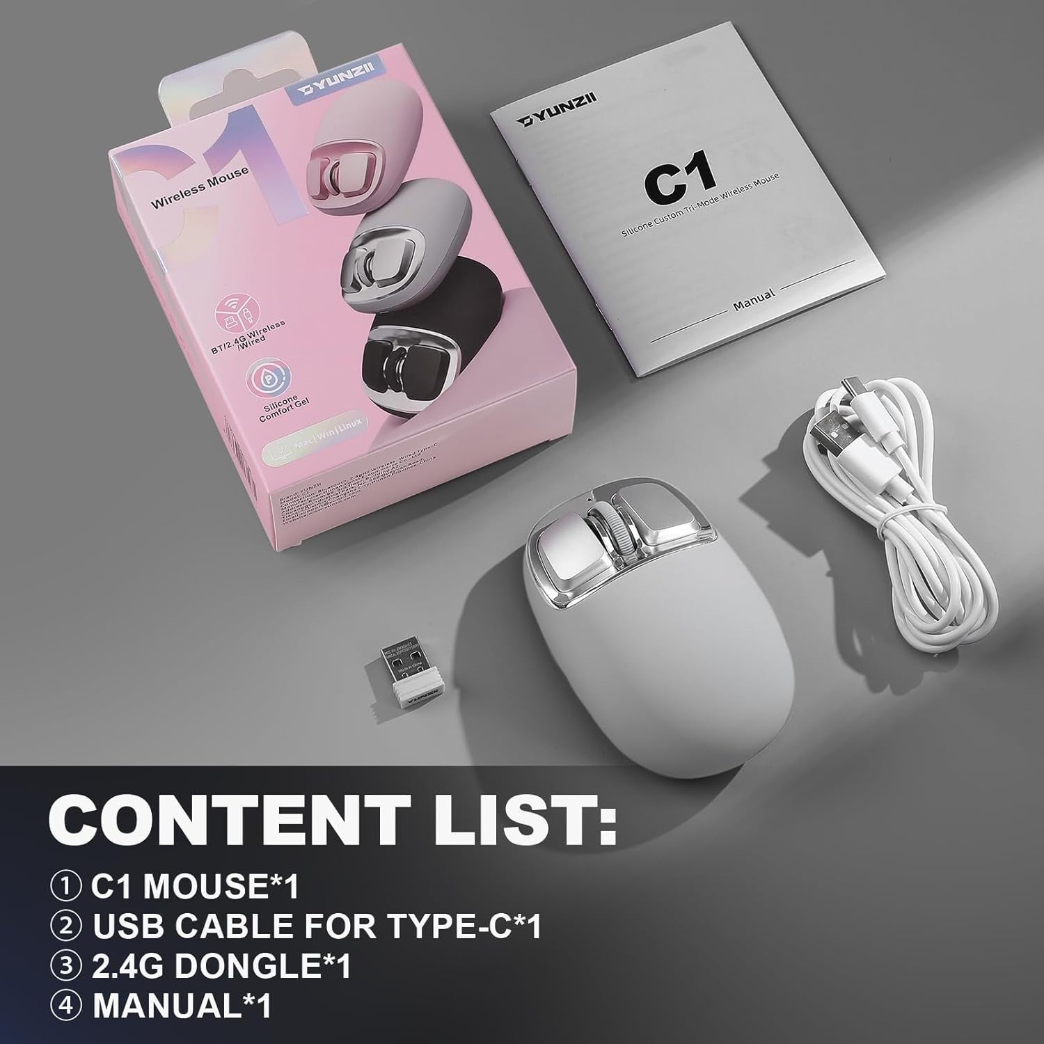 Tri-Mode Wireless Mouse 4800 DPI Bluetooth 2.4G USB-C Rechargeable