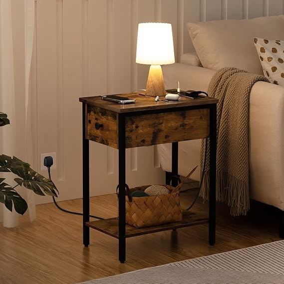 Slim Bedside Table with Charging Ports, Flip Top Storage, Rustic Narrow Side Tab