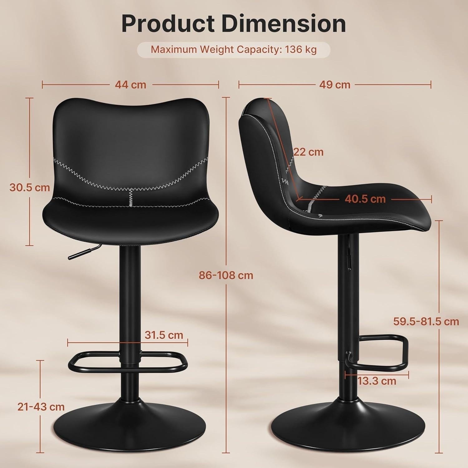 Adjustable Swivel Bar Stools Set of 2 PU Leather Counter Height Black