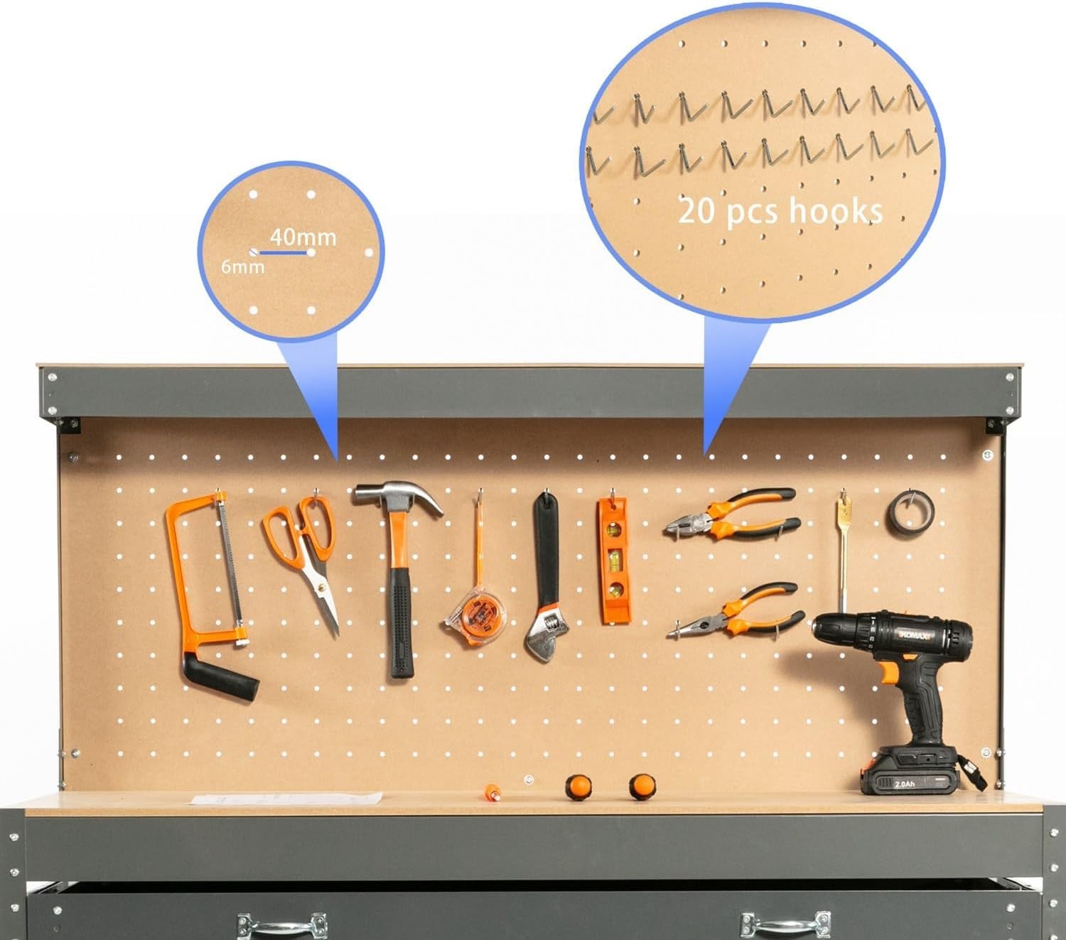 Grey Steel Garage Workbench Tool Station w/ Drawer Pegboard Shelf DIY Storage