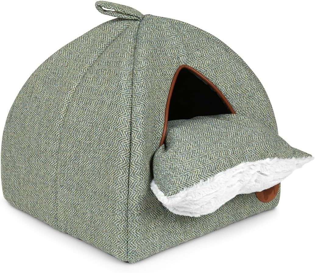 Sage Herringbone Cat Igloo Bed Cozy Pet Hideaway Soft Cushion 40x40x35