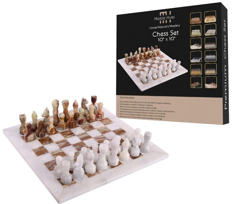 Luxury 10x10” Marble Chess Set White & Onyx Green – Handmade Stone Board