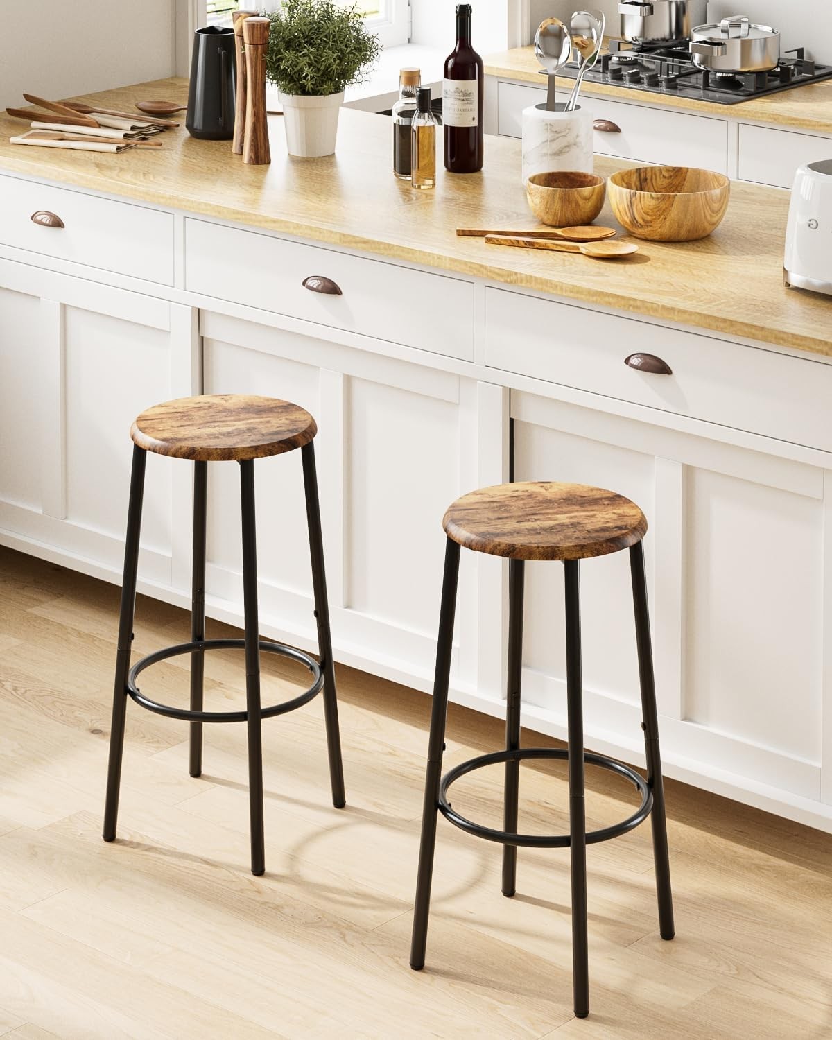 Set of 2 Rustic Brown Round Bar Stools Industrial Counter Footrest