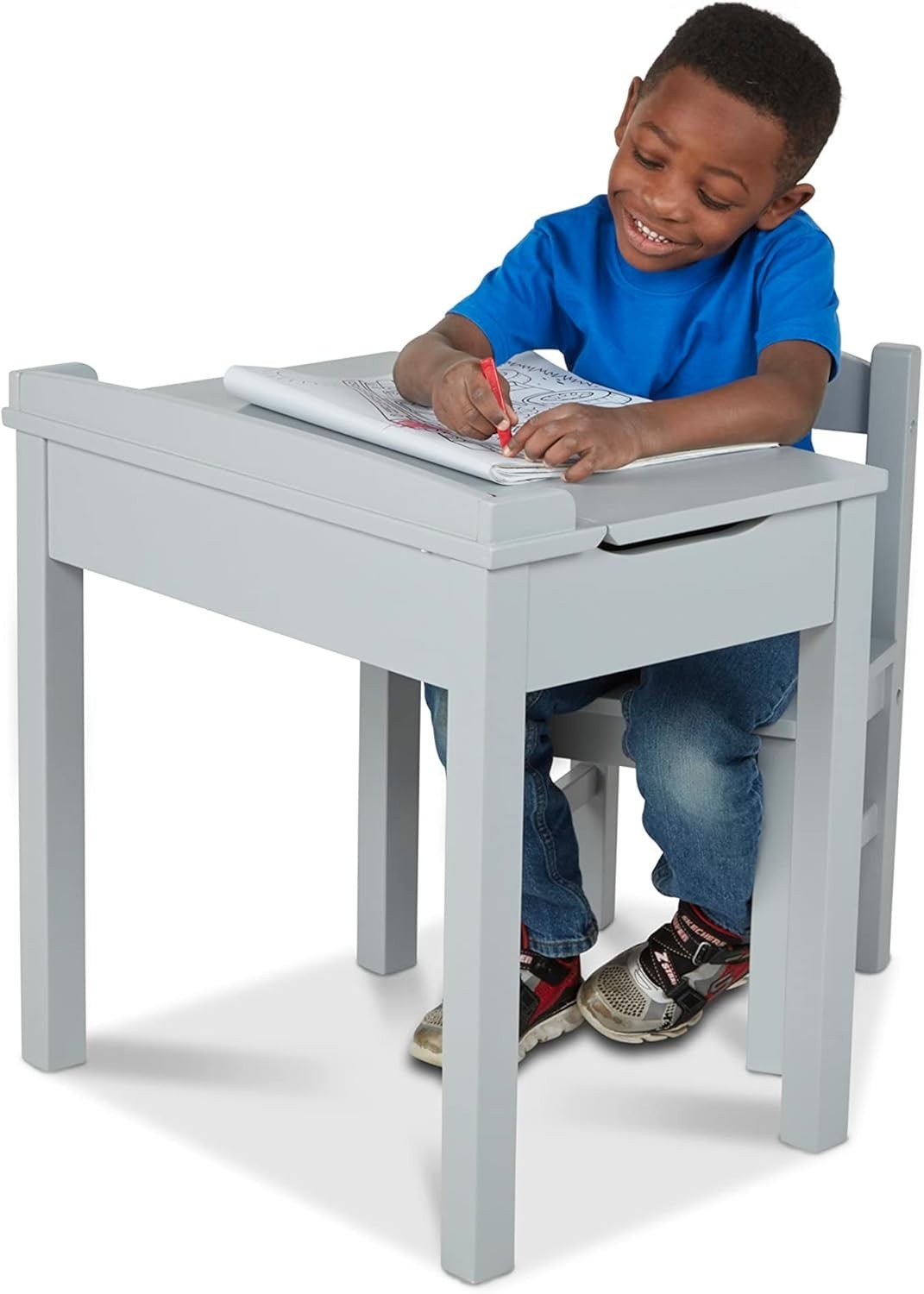Kids Lift-Top Desk & Chair Set, Grey Wood, Compact 46x16.5x65cm