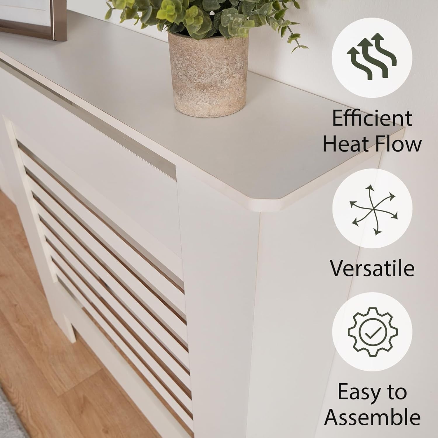 Large White Radiator Cover MDF Slatted Cabinet – Modern Wooden Heater Shelf