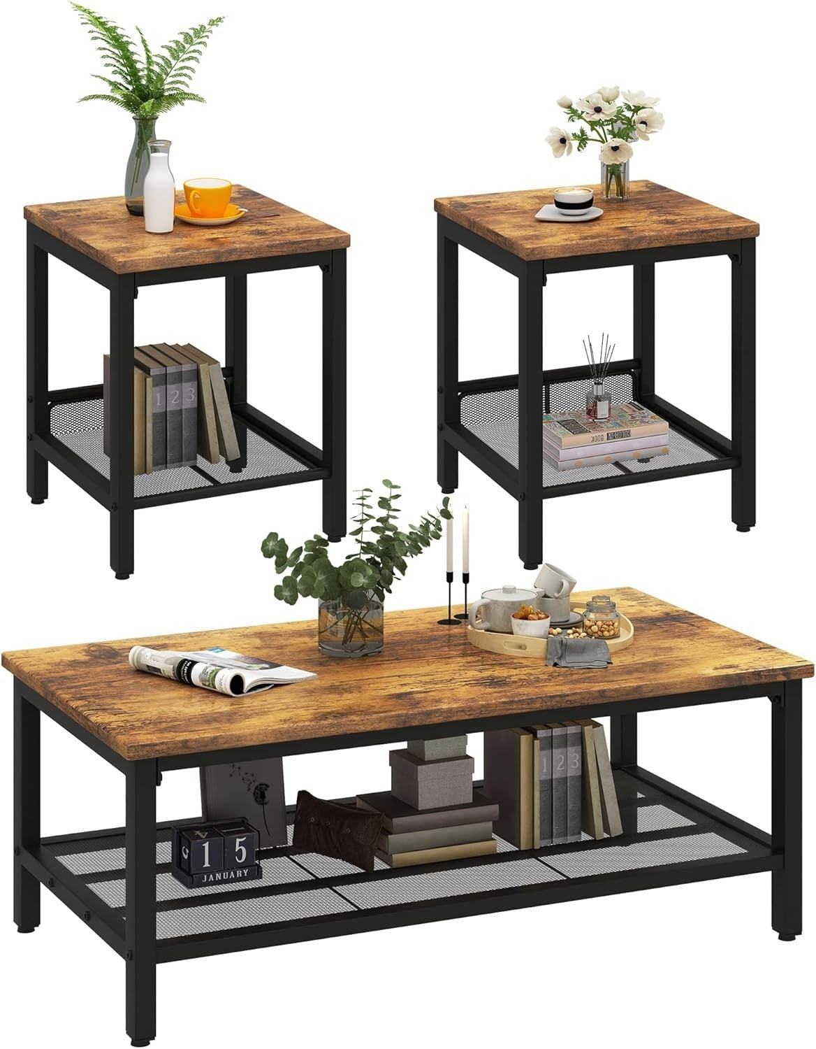3-Piece Industrial Coffee Table Set – Rustic Wood & Metal Frame, Storage