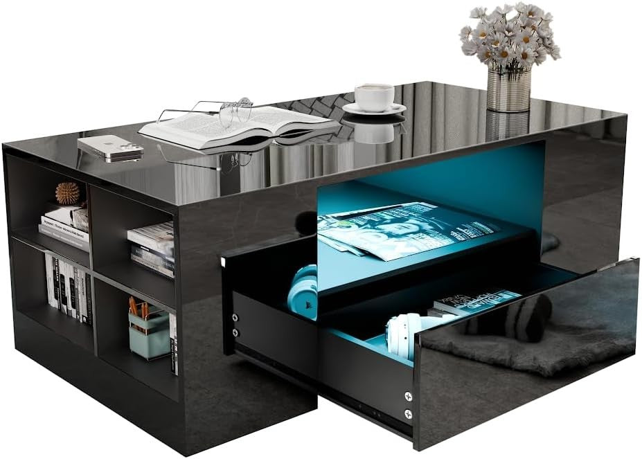 Blisswood LED Coffee Table with 2 Drawers, High Gloss Top & RGB Lights 95x55cm