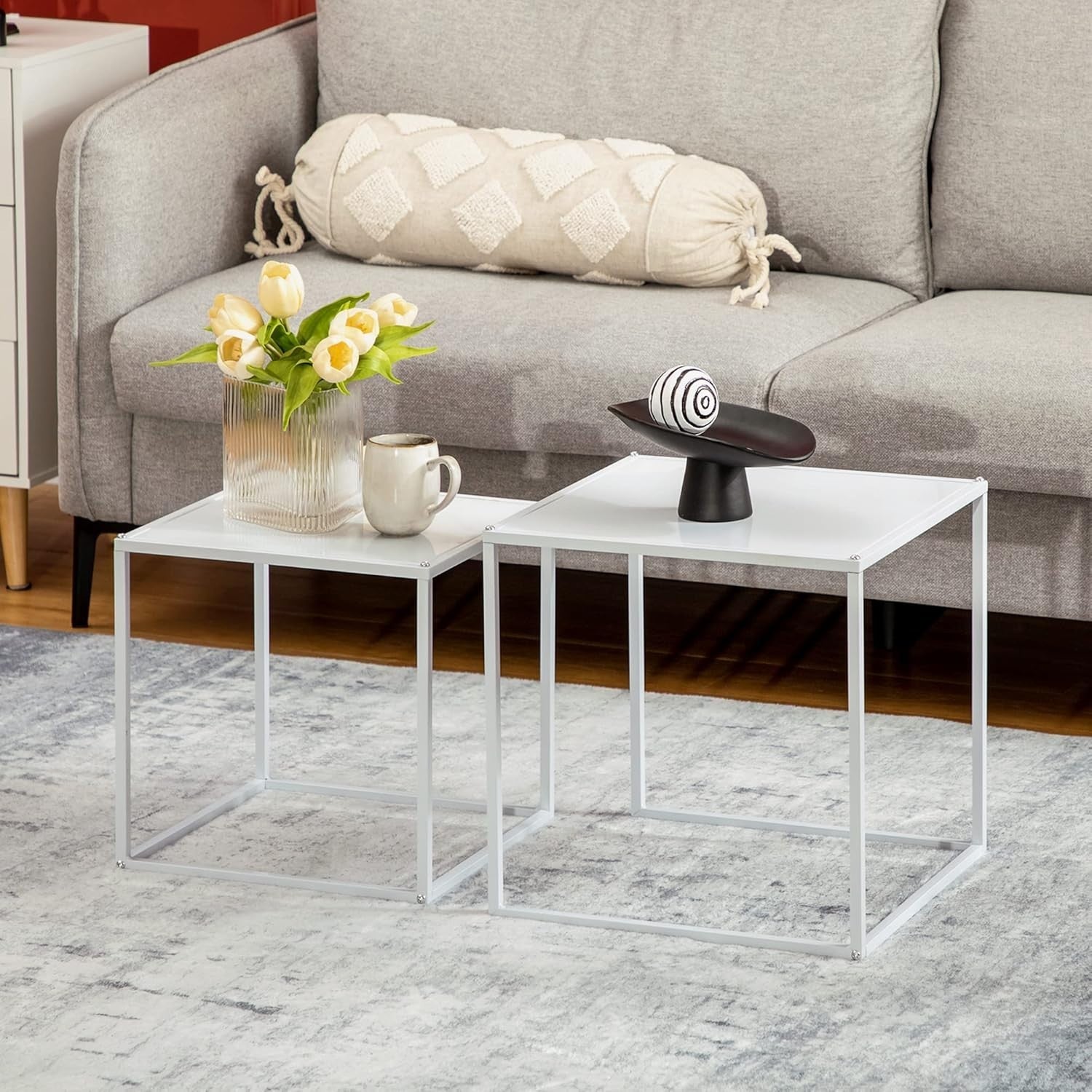 Modern Nesting Coffee Tables Set of 2 End Side Snack Living Room Black Steel