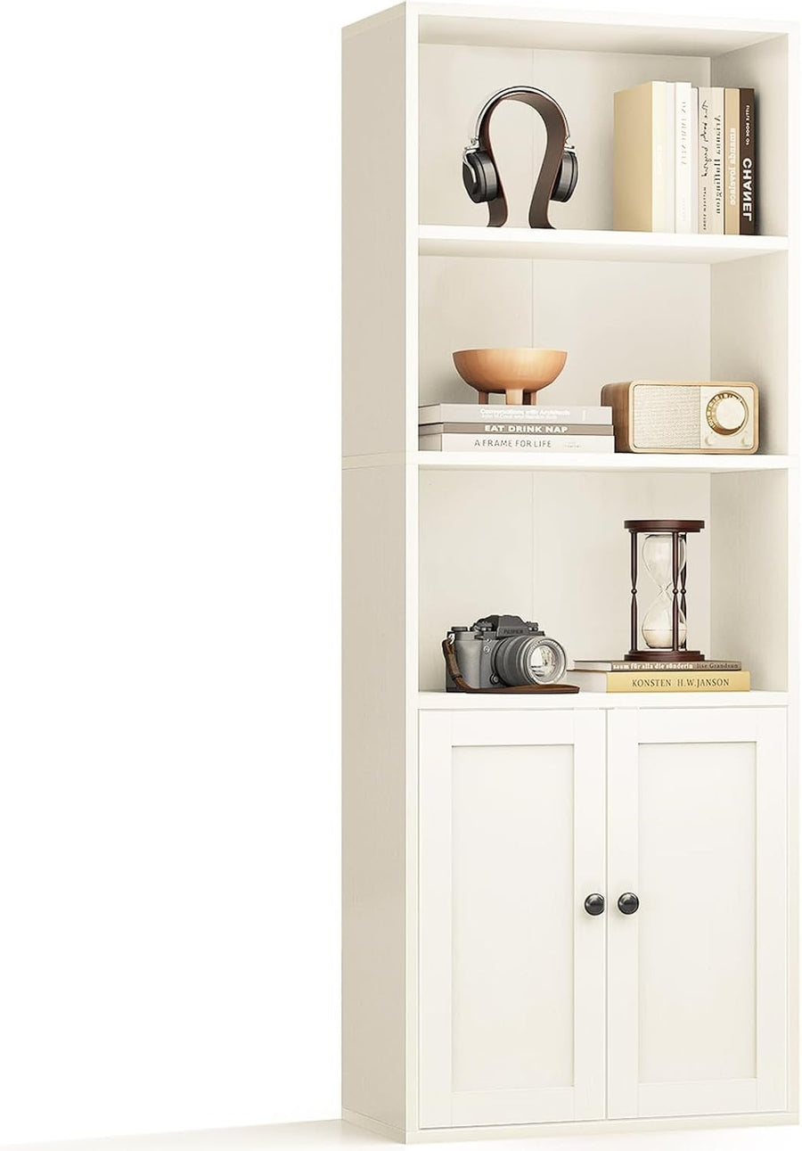 5 Tier White Bookcase Doors Tall Storage Cabinet Shelf Home Bookshef Display
