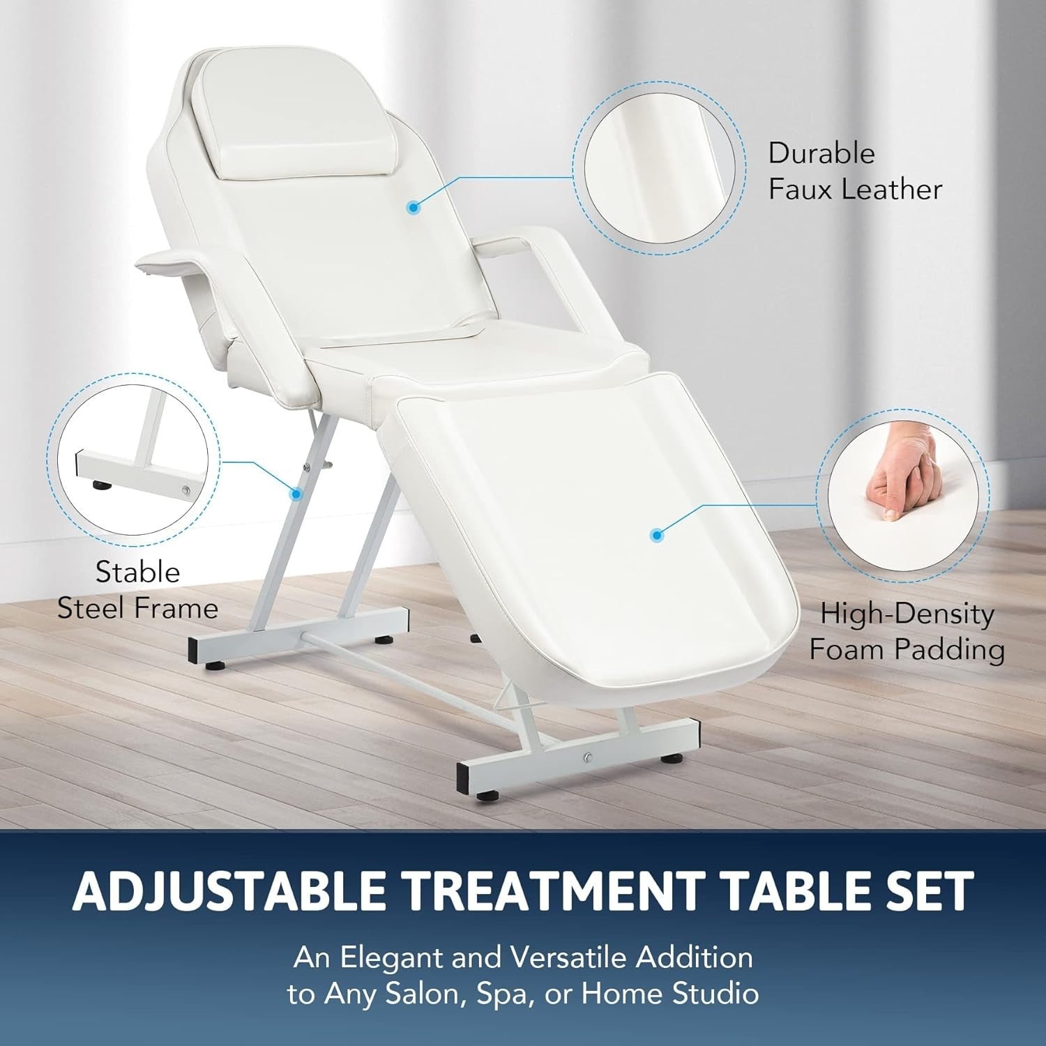 Adjustable 3-Section Beauty Massage Bed Steel Frame w/ Headrest Stool White