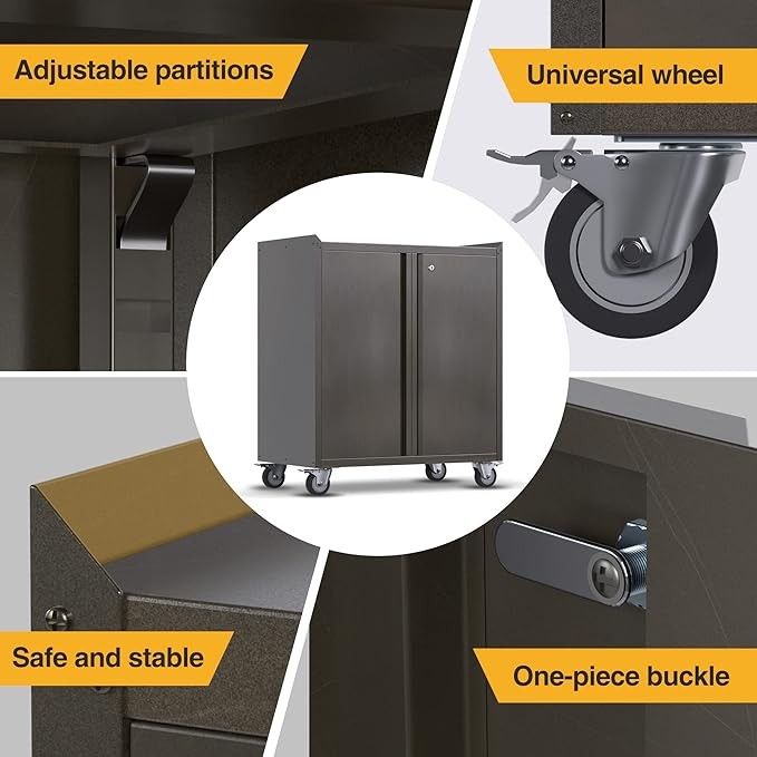 Metal Rolling Storage Cabinet with Wheels, 2 Door Lockable Cupboard
