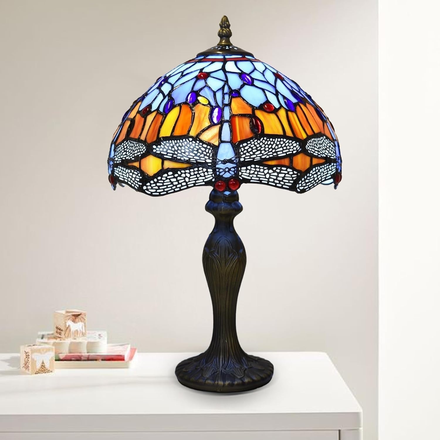 Antique Stained Glass Table Lamp Dragonfly Design, Living Room Decor