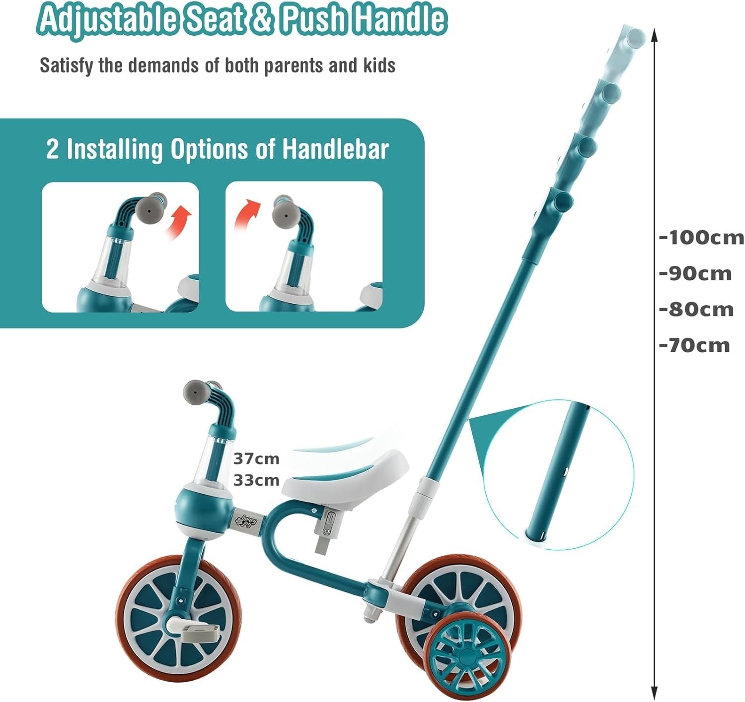 4 in 1 Kids Trike Balance Bike Push Tricycle Adjustable Handle Green