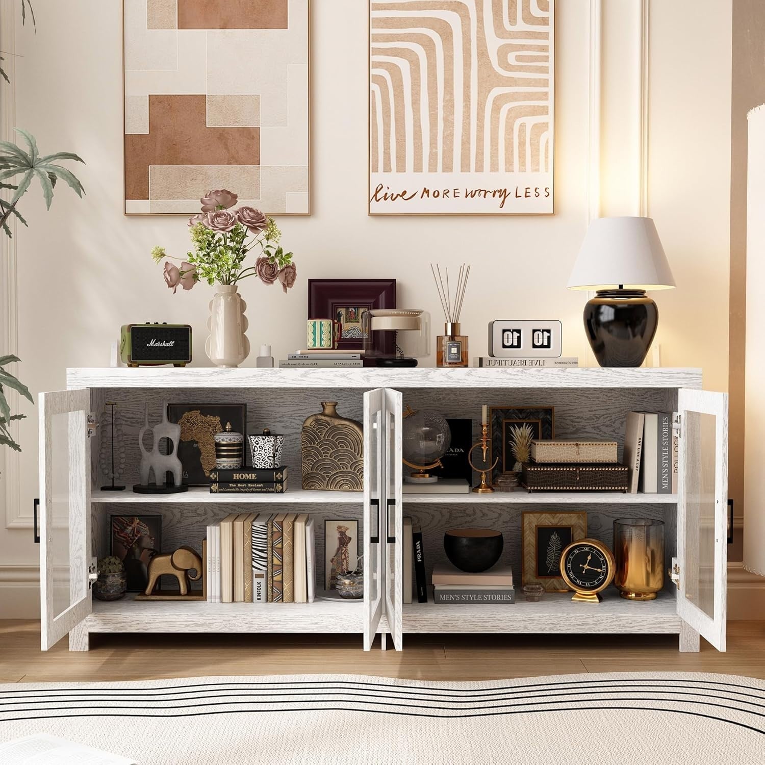 Modern White Sideboard Buffet Cabinet 4 Door Glass Storage Unit 180cm
