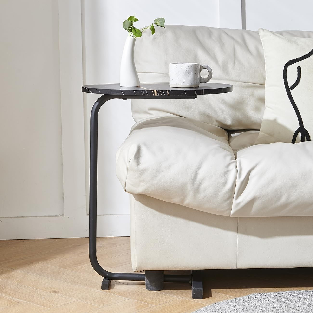 Black Round C-Shaped Sofa Side Table Space-Saving Metal Frame 61.5cm