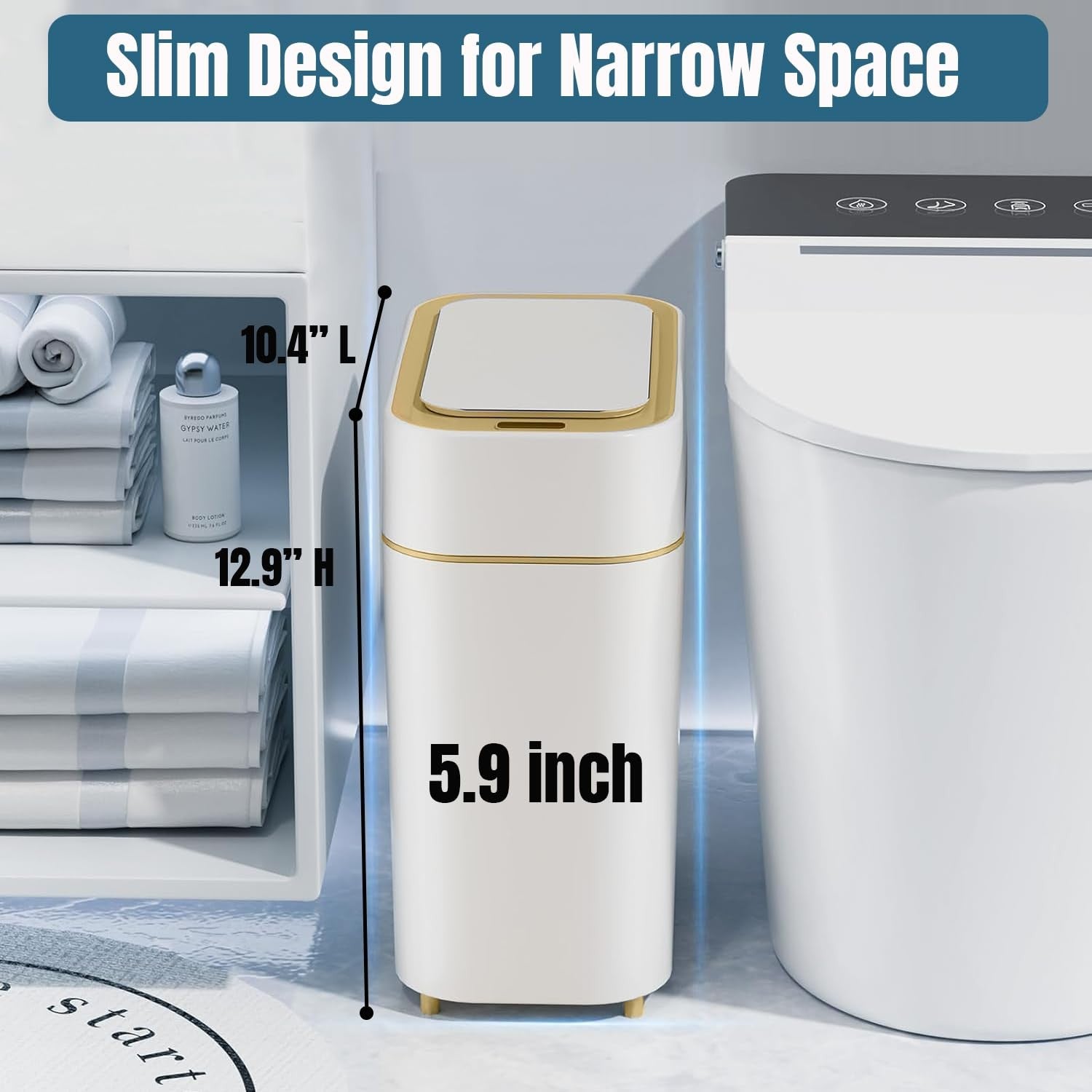 Touchless Motion Sensor Trash Can 2.5 Gallon Slim Bathroom Bin
