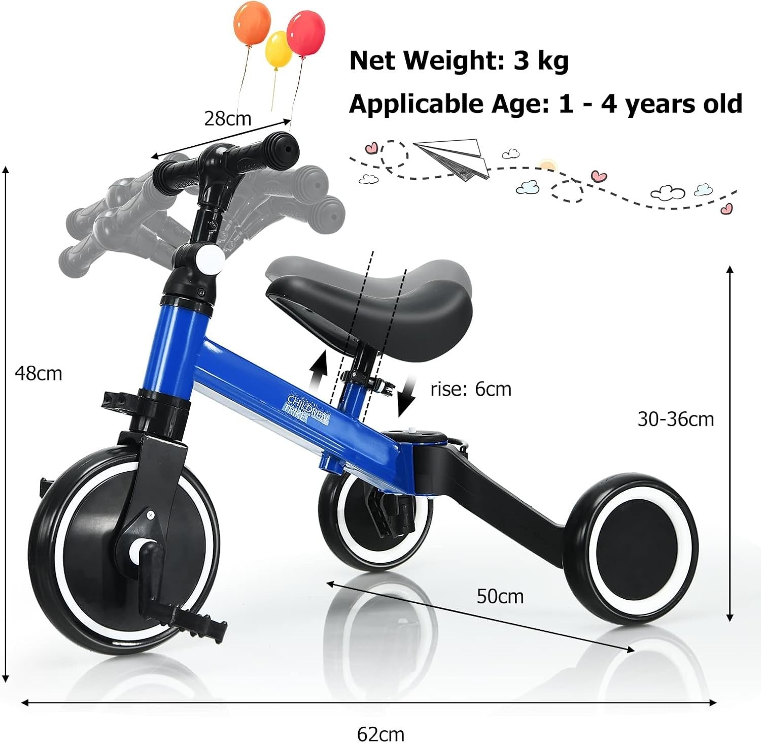 3 In 1 Toddler Tricycle Balance Bike Baby Walker Adjustable Blue 1-4Y