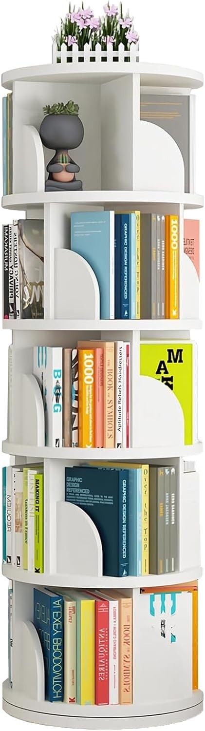 360° Rotating 5-Tier White Bookshelf – Space Saving Swivel Bookcase