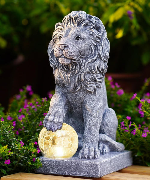 Solar Lion Garden Statue with LED Ball Light – Waterproof Resin Outdoor Ornament