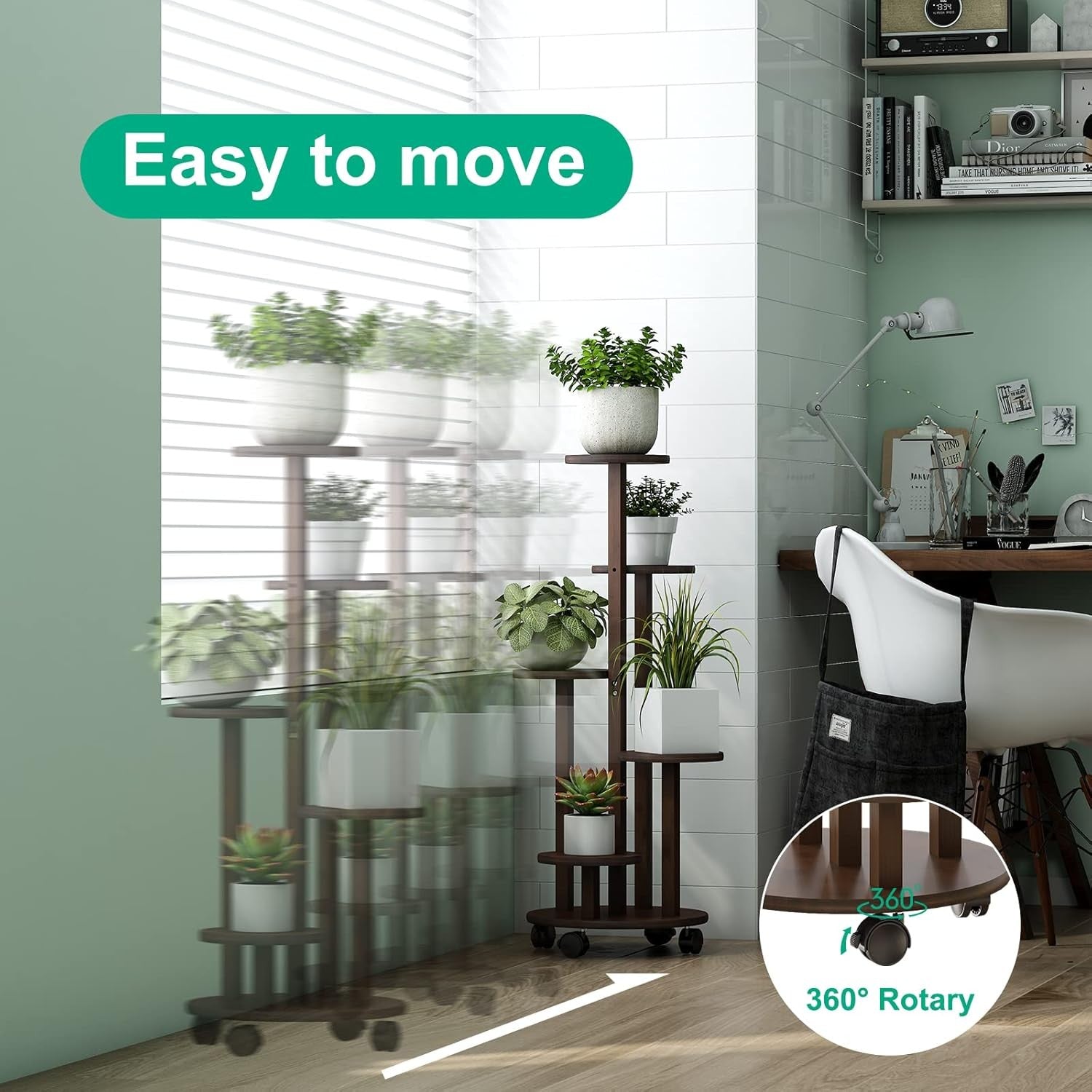 5 Tier Bamboo Plant Stand with Wheels Indoor Outdoor Corner Tall Flower Rack
