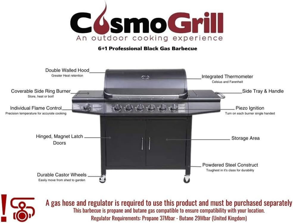 7 Burner Gas BBQ Grill with Side Burner & Warming Rack – Large Outdoor Barbecue