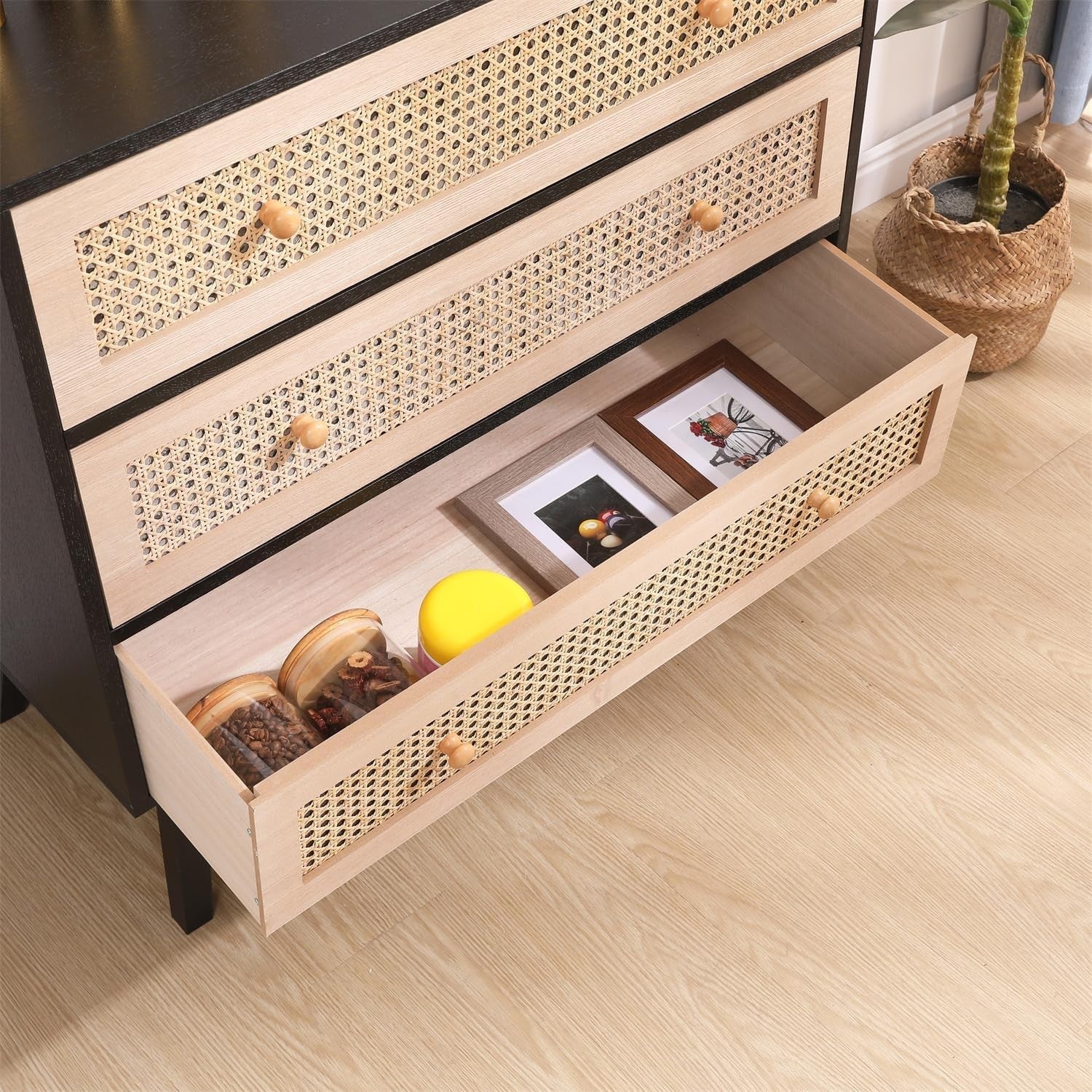 Black Frame Rattan Chest 3 Drawer Storage Cabinet Wood Dresser 80cm