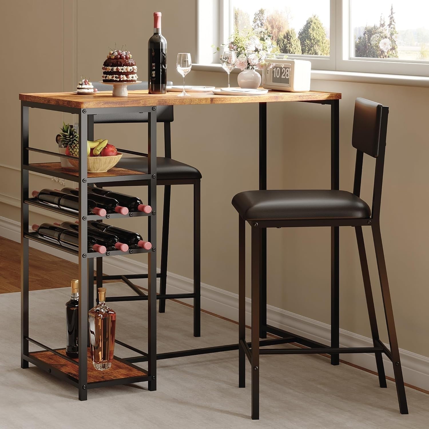 2 Seater Dining Table Set with Storage Shelves & 2 Upholstered Chairs Brown