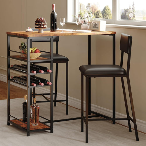 2 Seater Dining Table Set with Storage Shelves & 2 Upholstered Chairs Brown
