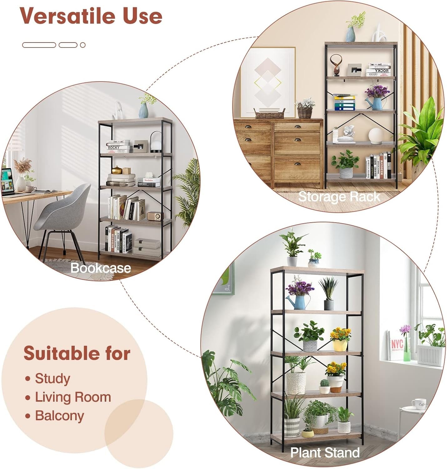 5-Tier Industrial Bookshelf Grey Wood Heavy-Duty Metal Storage Display Rack