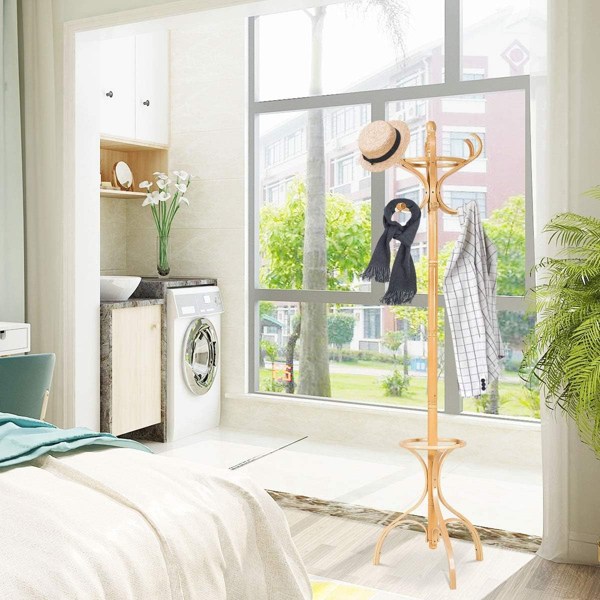 360° Rotating Oak Wooden Coat Rack Stand 12 Hooks Freestanding Hall Tree