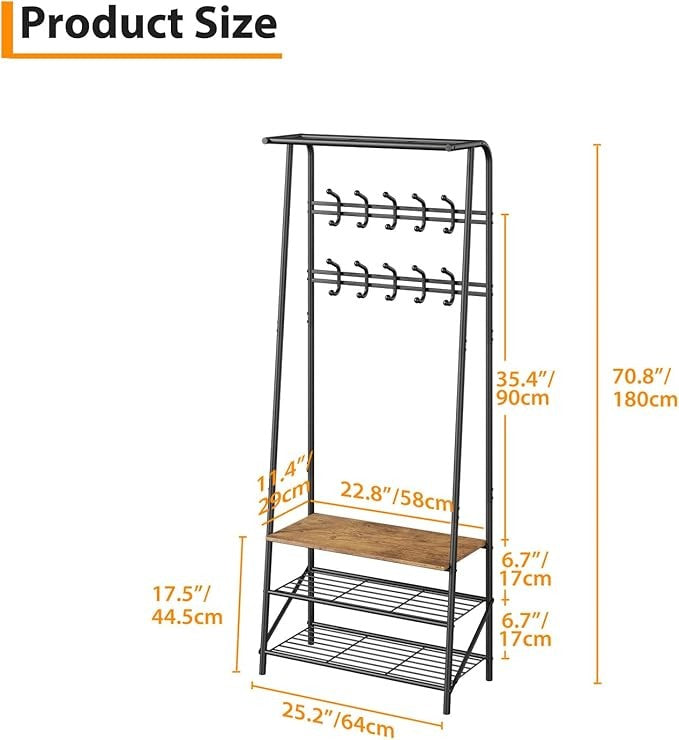 Rustic Brown 3-in-1 Coat Rack with Shoe Storage & 10 Hooks Hallway Stand