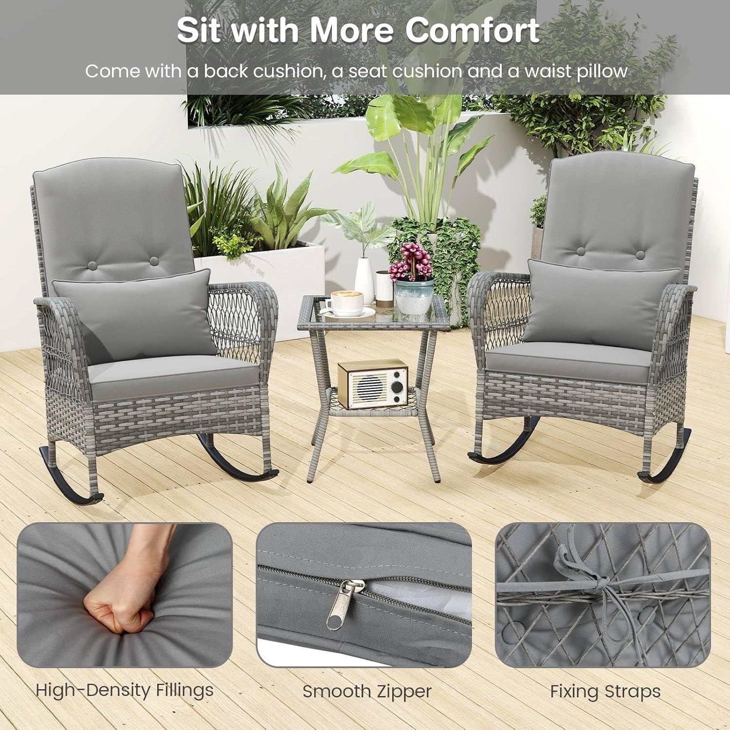 3 Piece Grey Rattan Bistro Set Rocking Chairs with Glass Table Outdoor
