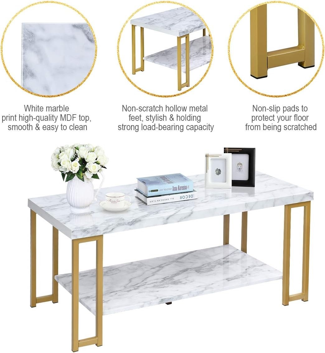 Marble Effect 2-Tier Coffee Table with Shelf, Gold Frame, Small Space Living Roo