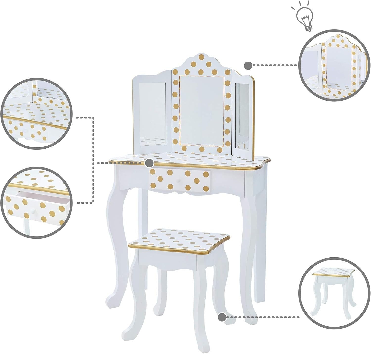 Kids Vanity Table Set with Light Mirror White Gold – Wooden Makeup Desk