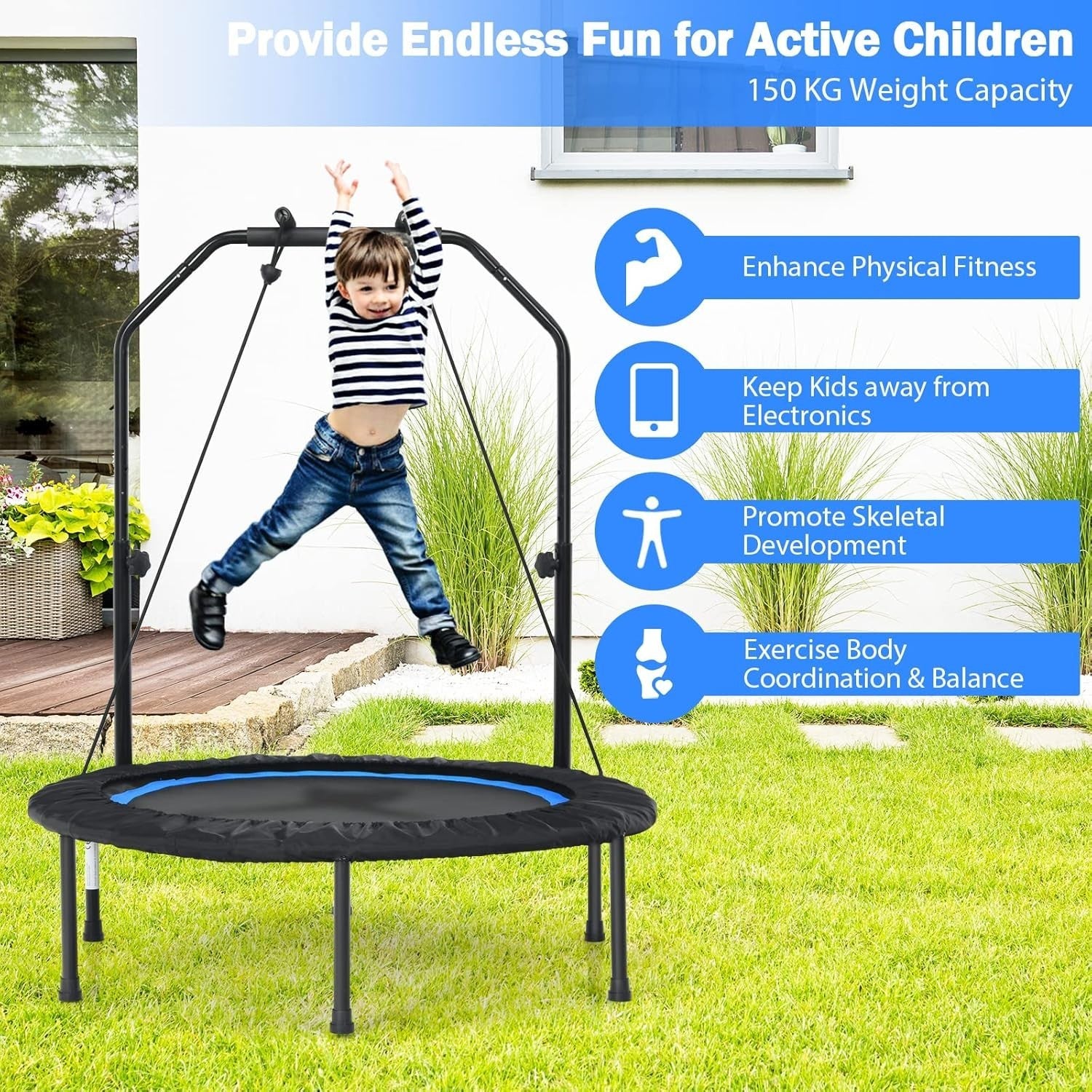 40in Foldable Mini Fitness Trampoline Adjustable Handle Bands