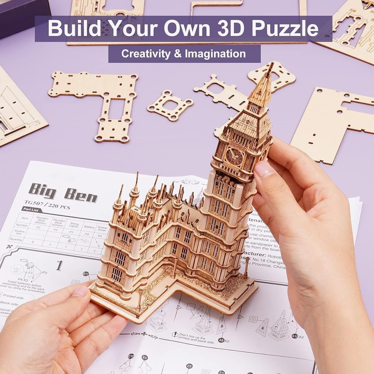 3D Wooden Big Ben Puzzle Kit Adults DIY Model Light-Up Tower Gift Set