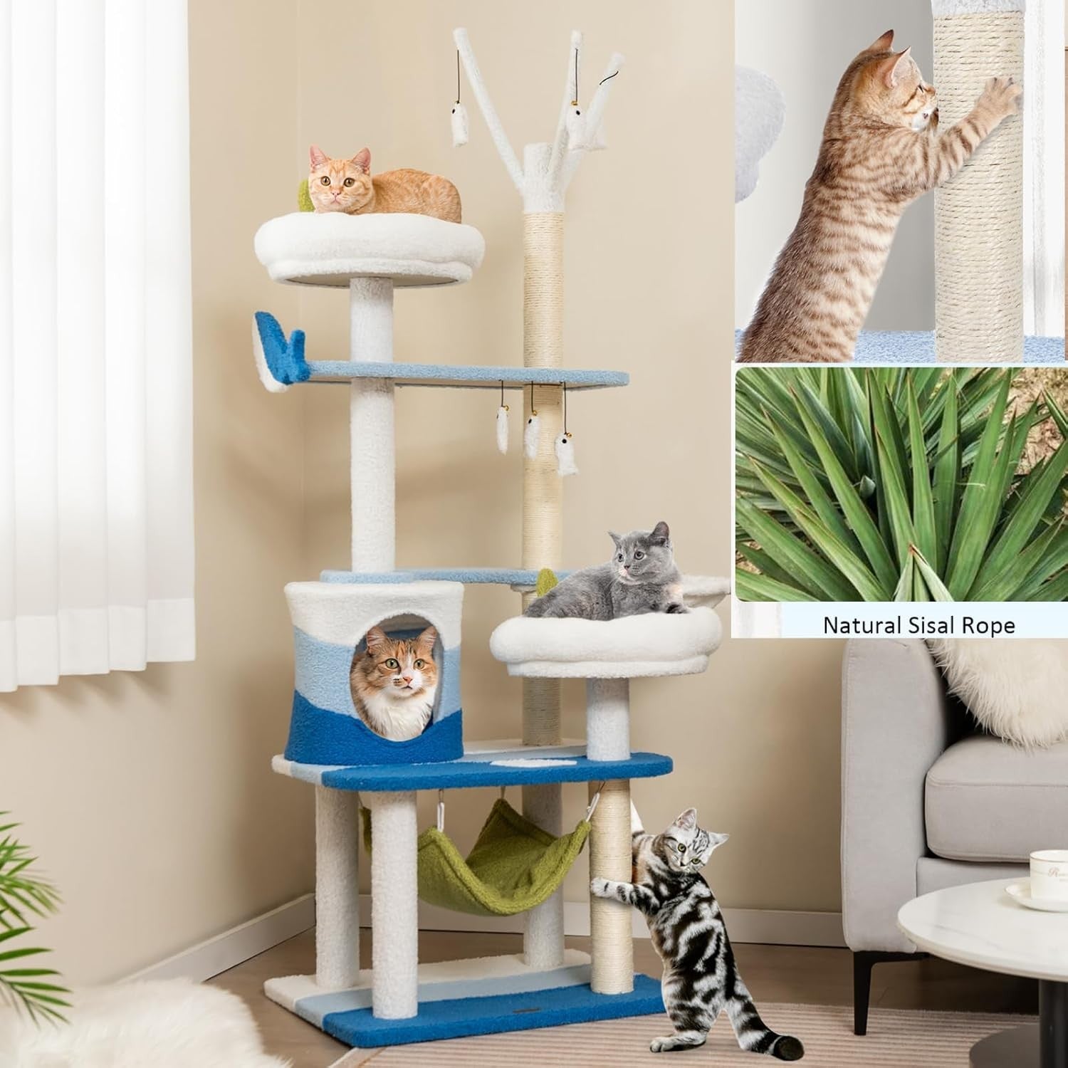 165cm Blue White Cat Tree Multi-Level Condo Hammock Sisal Scratching Tower