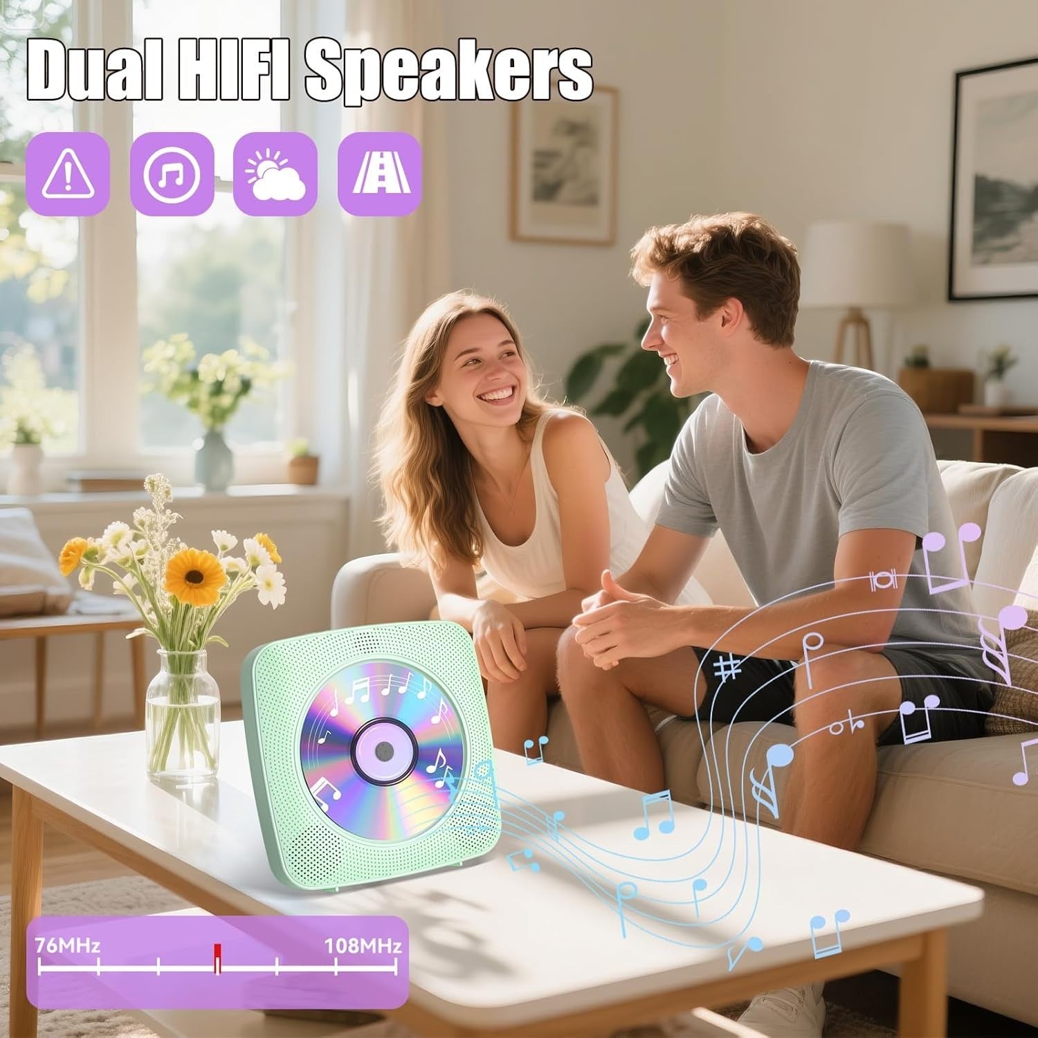 Desktop CD Player Bluetooth Speakers FM Radio USB AUX Remote Green