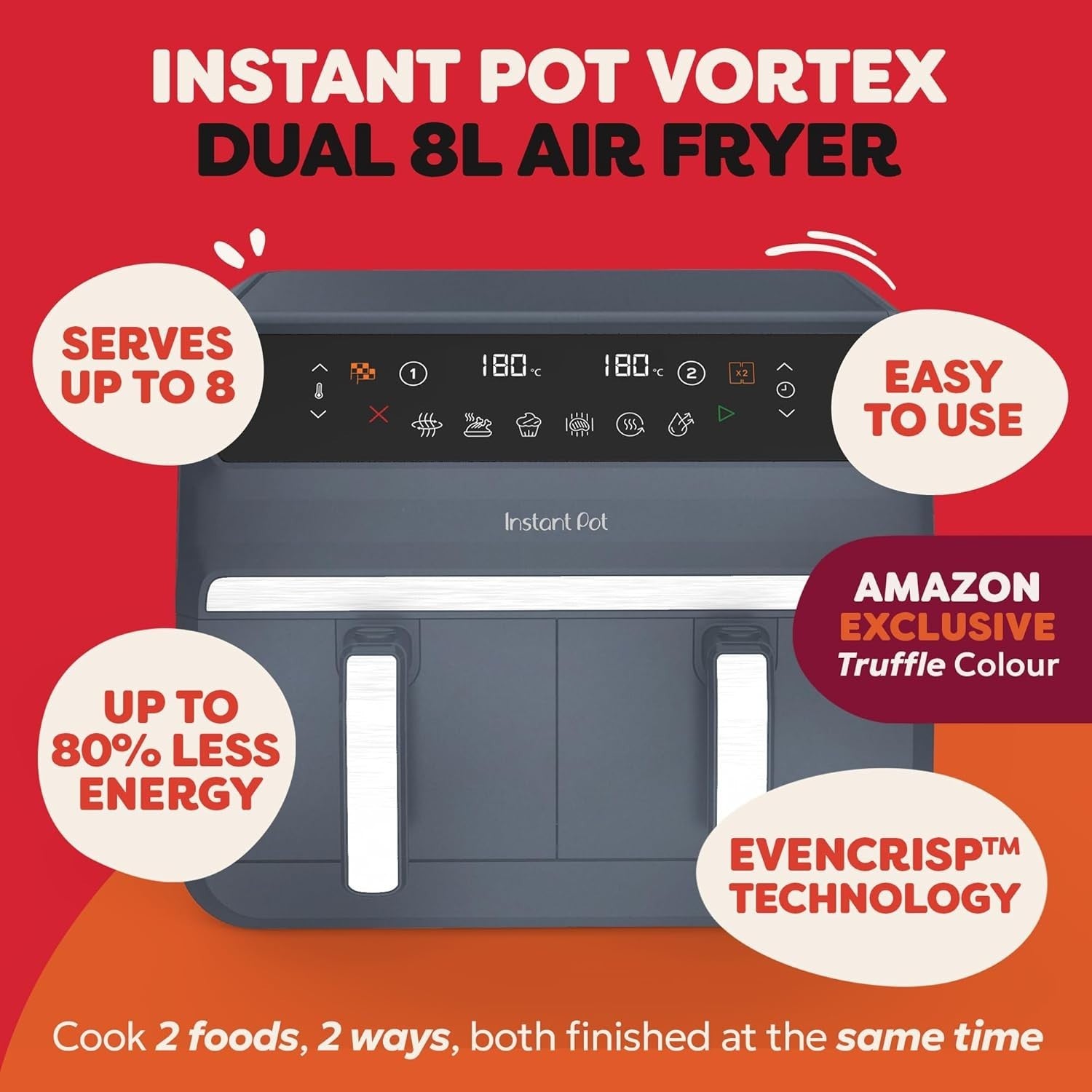 8L Dual Air Fryer Twin 4L Baskets 8-in-1 Digital Grill Bake Roast Reheat Grey