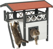Outdoor Wooden Cat House with Balcony & Asphalt Roof, Weatherproof, White