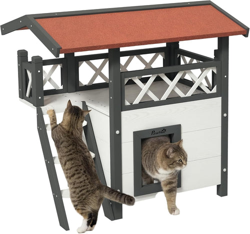 Outdoor Wooden Cat House with Balcony & Asphalt Roof, Weatherproof, White