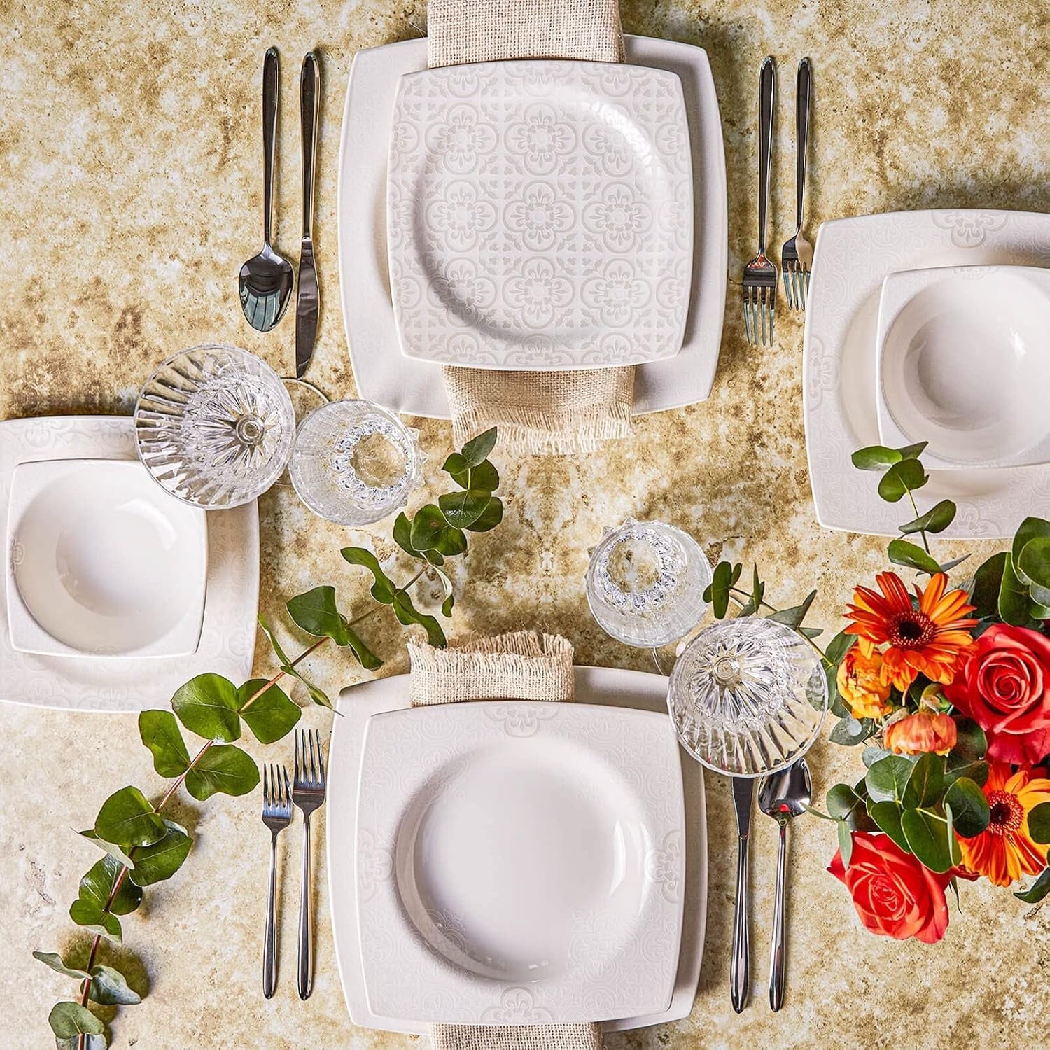 24pc White Porcelain Dinner Set Square Plates Bowls Elegant Tableware
