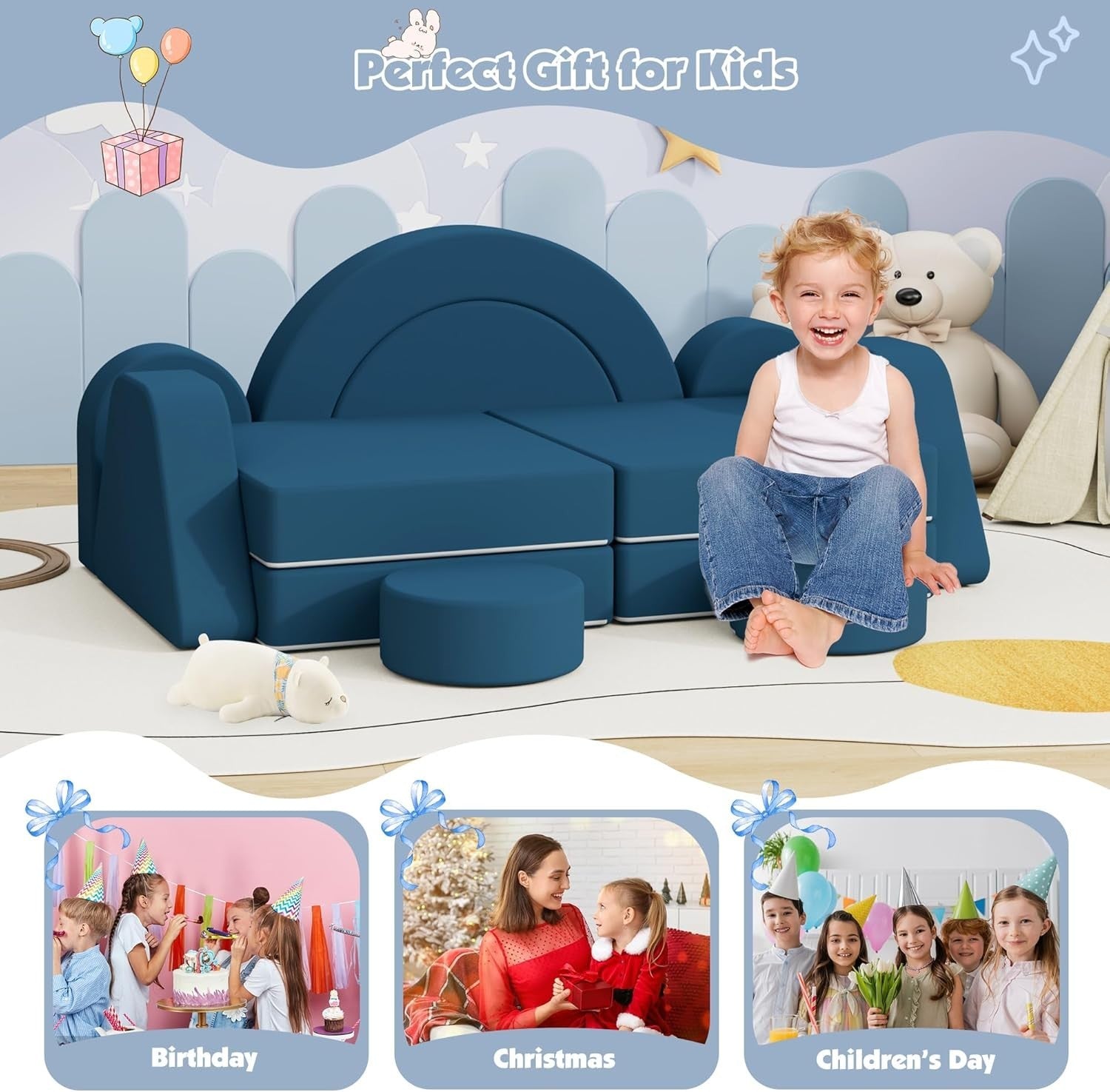 Modular Kids Play Couch Sofa Bed Foam Fort for Creative Play Blue