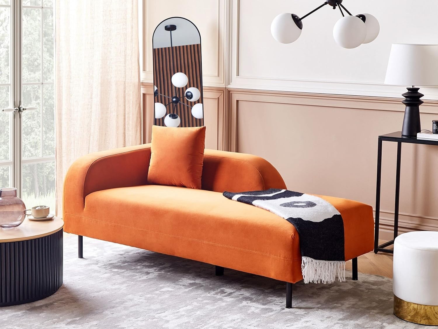 Orange Velvet Left-Hand Chaise Lounge Reclining Retro Design with Cushion