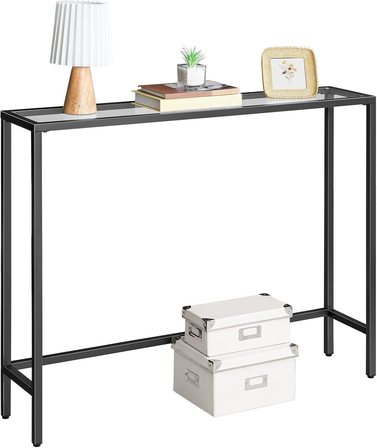 Slim Black Console Table with Tempered Glass, Adjustable Feet, 100x22x80 cm